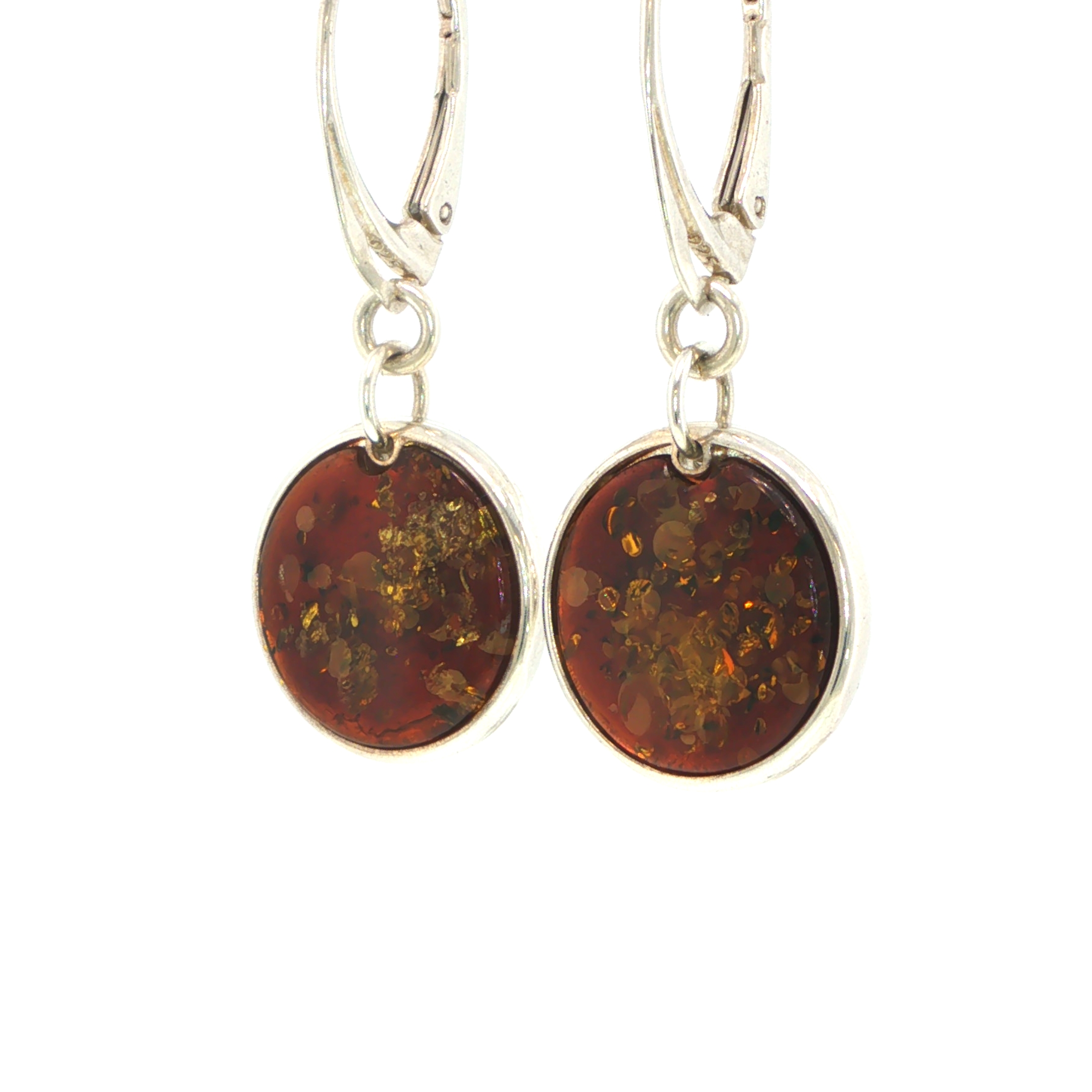 Round Amber Drop Lever-Back Earrings in Silver - Image 3