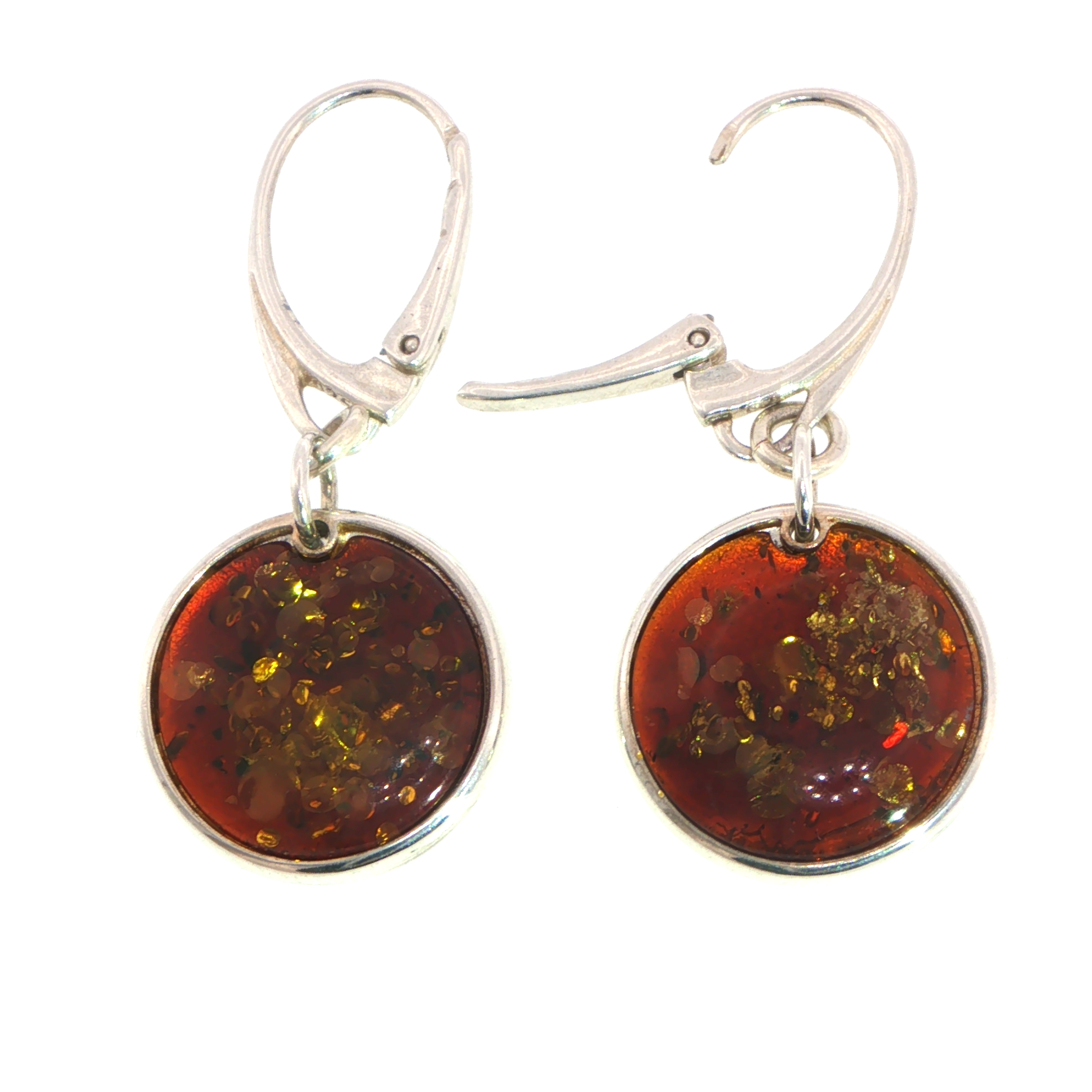 Round Amber Drop Lever-Back Earrings in Silver - Image 4