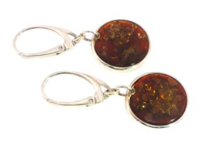 Round Amber Drop Lever-Back Earrings in Silver