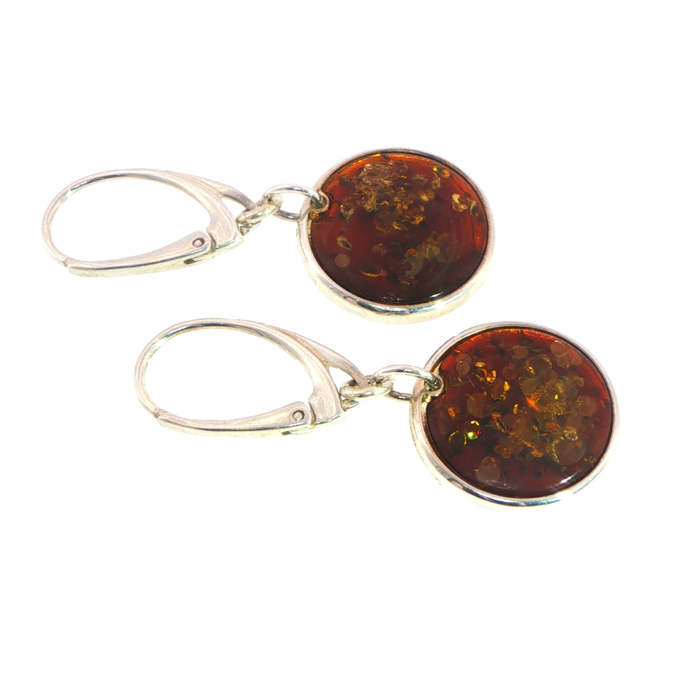 Round Amber Drop Lever-Back Earrings in Silver