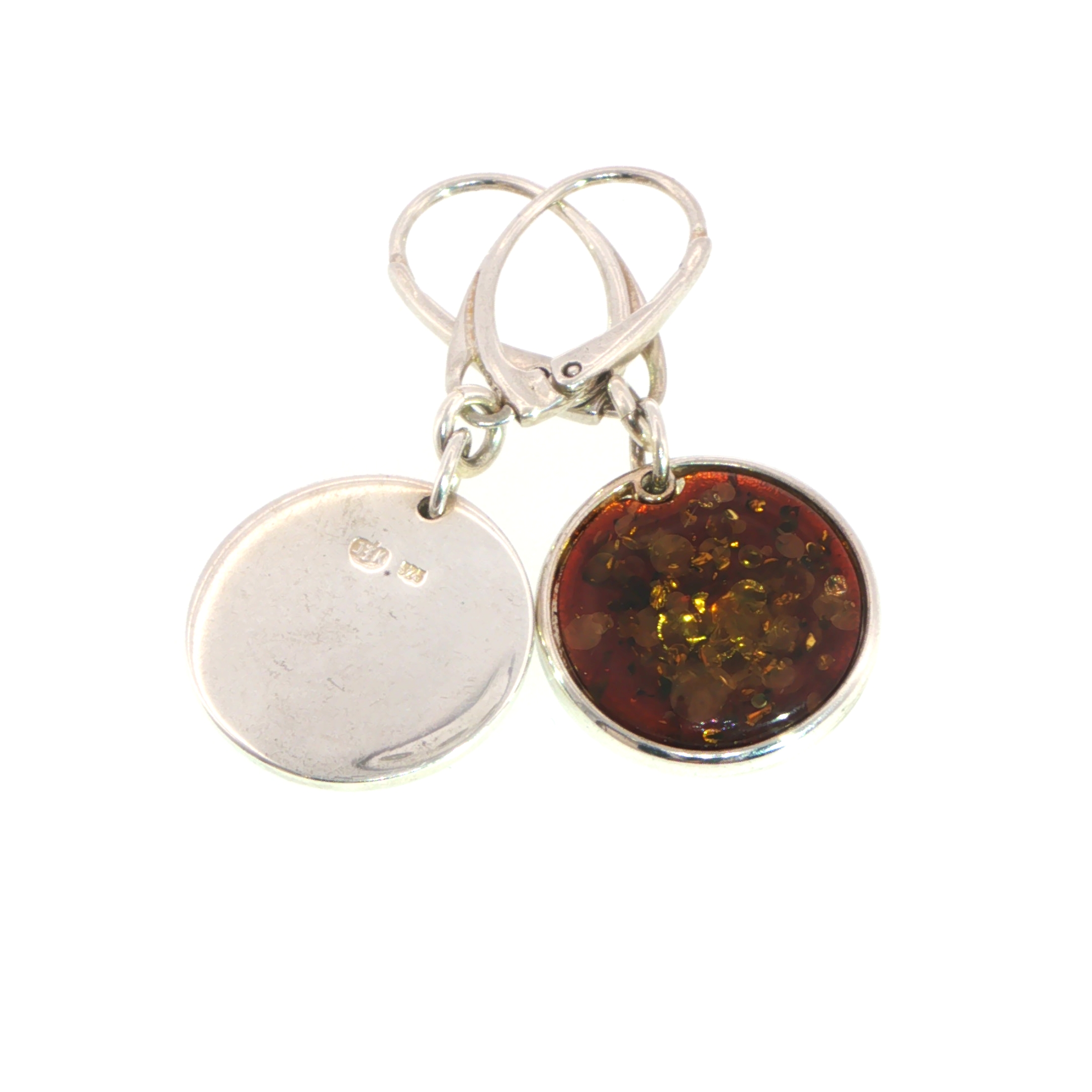 Round Amber Drop Lever-Back Earrings in Silver - Image 5