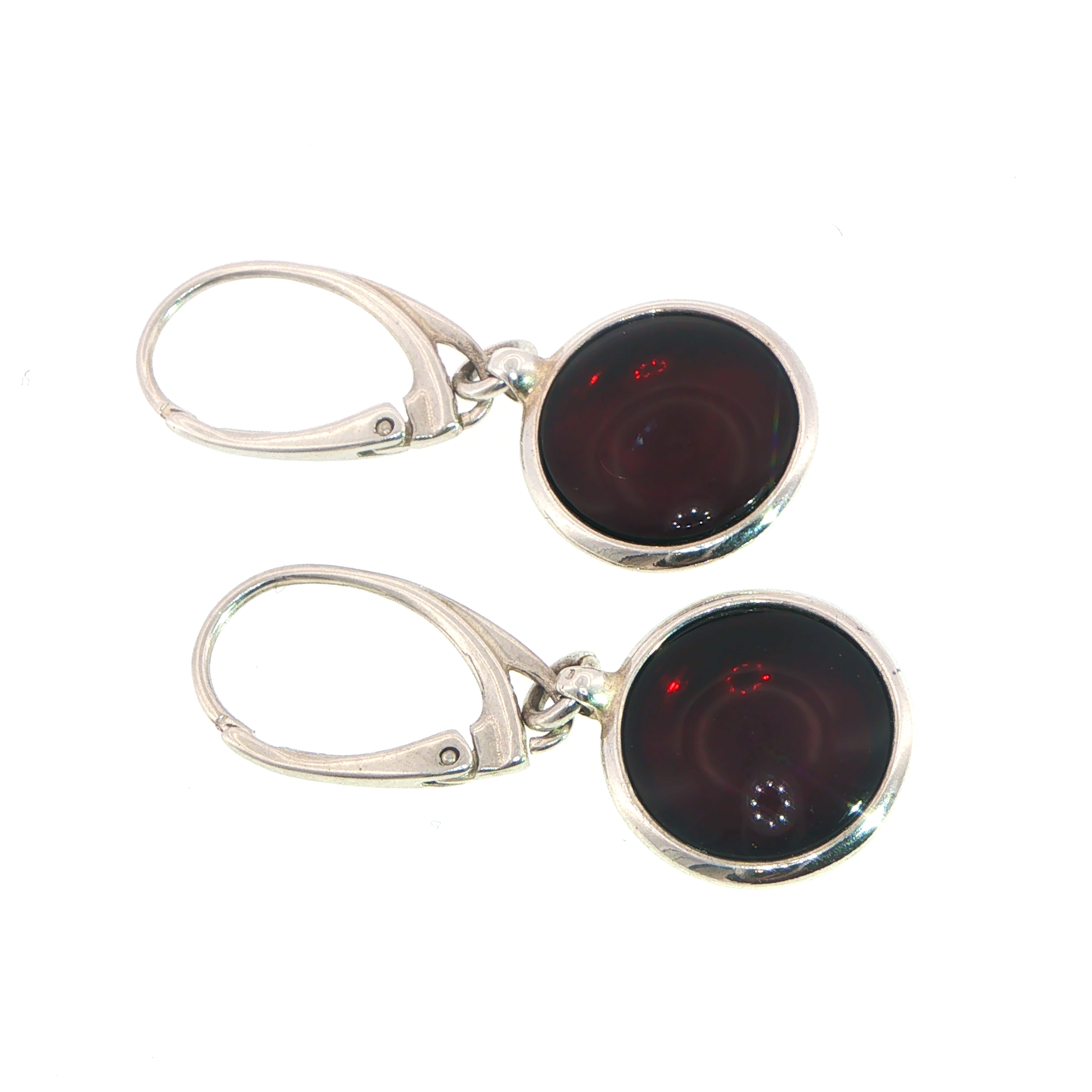 Deep Red Amber with Lever-Back Drop Earrings in Silver