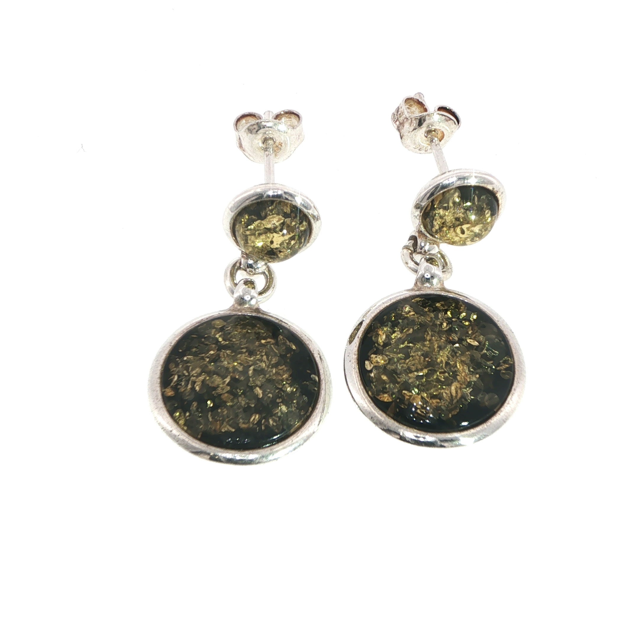 Green Amber Cabochon Drop Earrings in Silver - Image 2