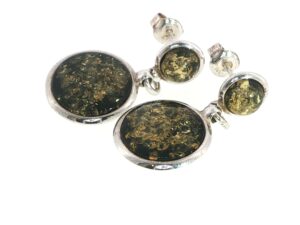 Green Amber Cabochon Drop Earrings in Silver