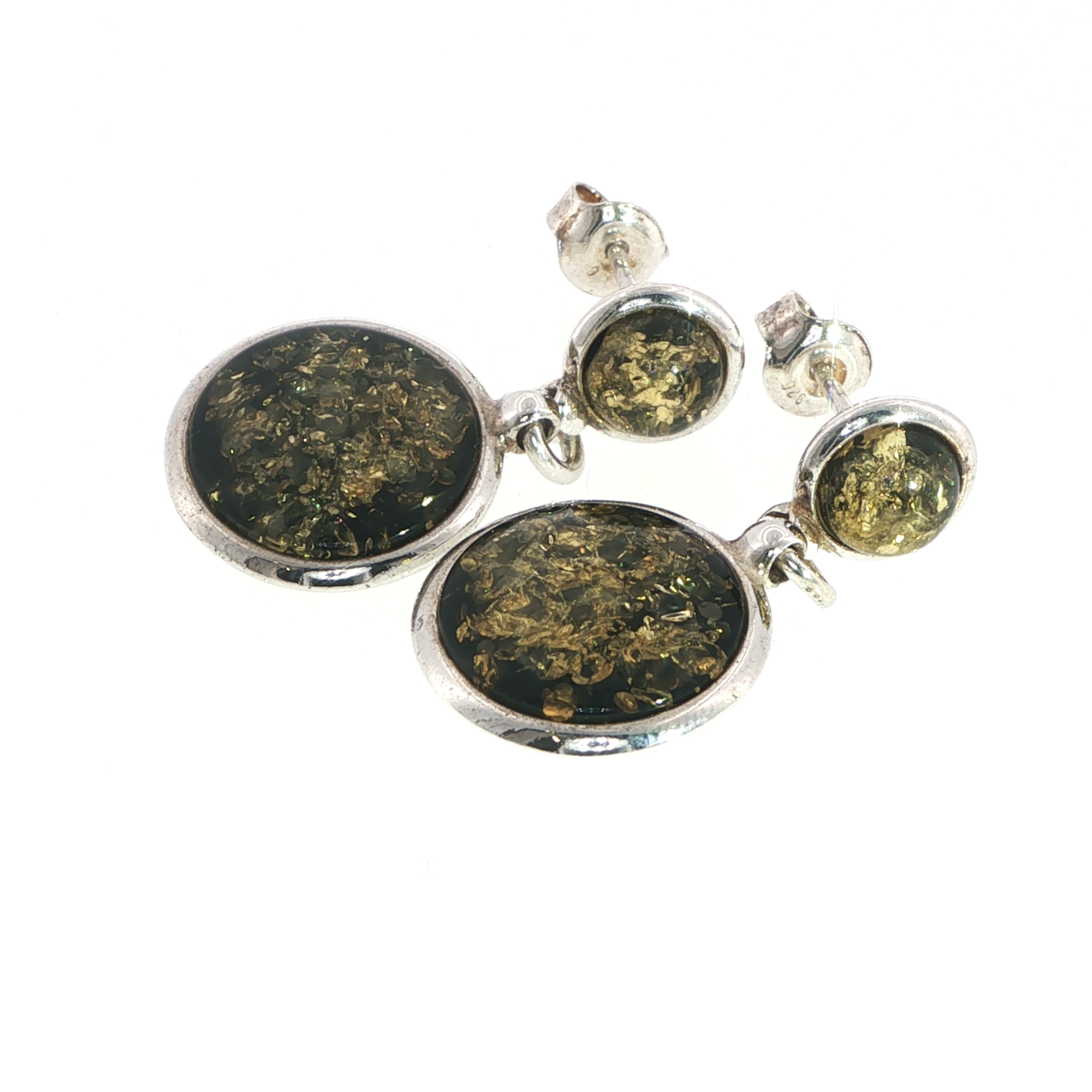 Green Amber Cabochon Drop Earrings in Silver