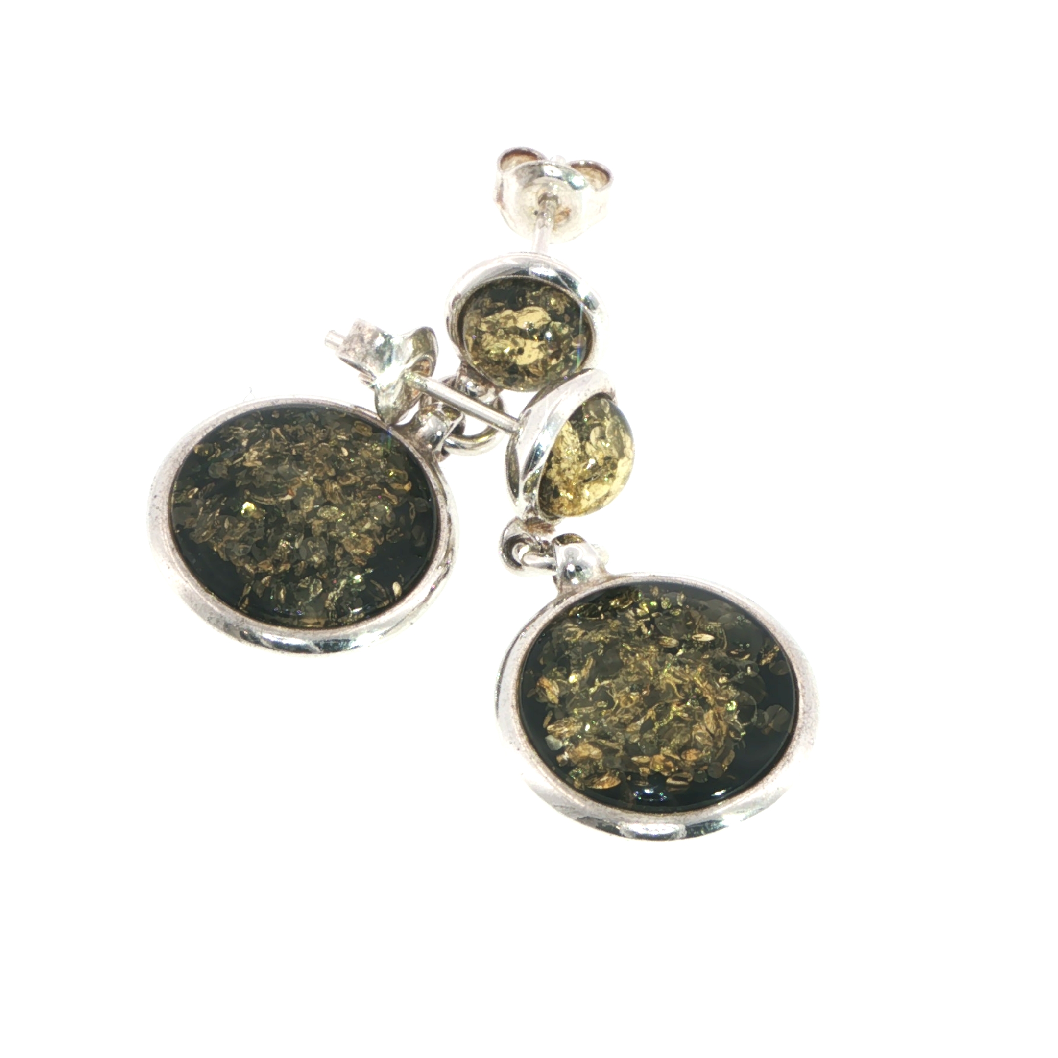 Green Amber Cabochon Drop Earrings in Silver - Image 3
