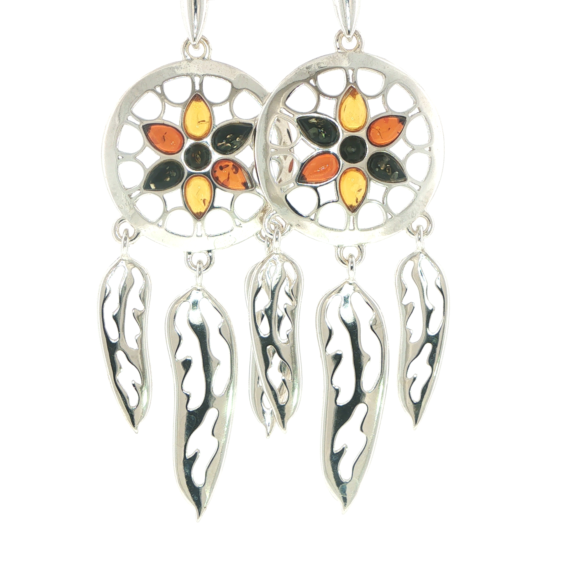 Multi-Colour Amber Dreamcatcher Dangle Earrings in Silver - Image 4