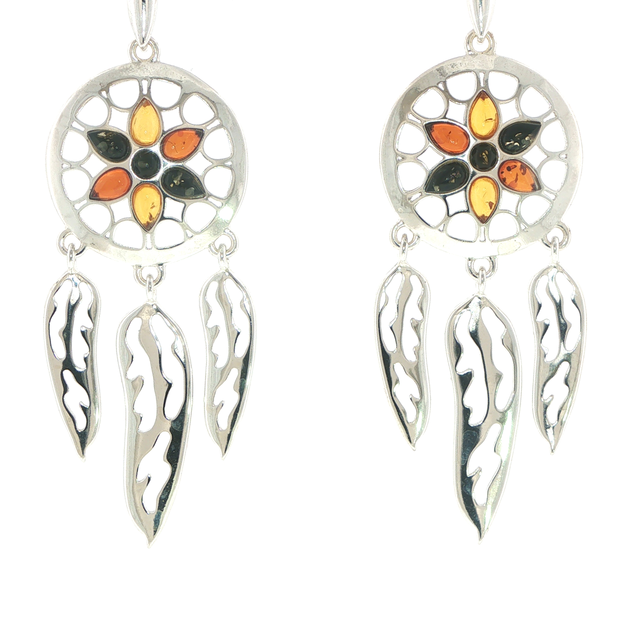 Multi-Colour Amber Dreamcatcher Dangle Earrings in Silver - Image 5