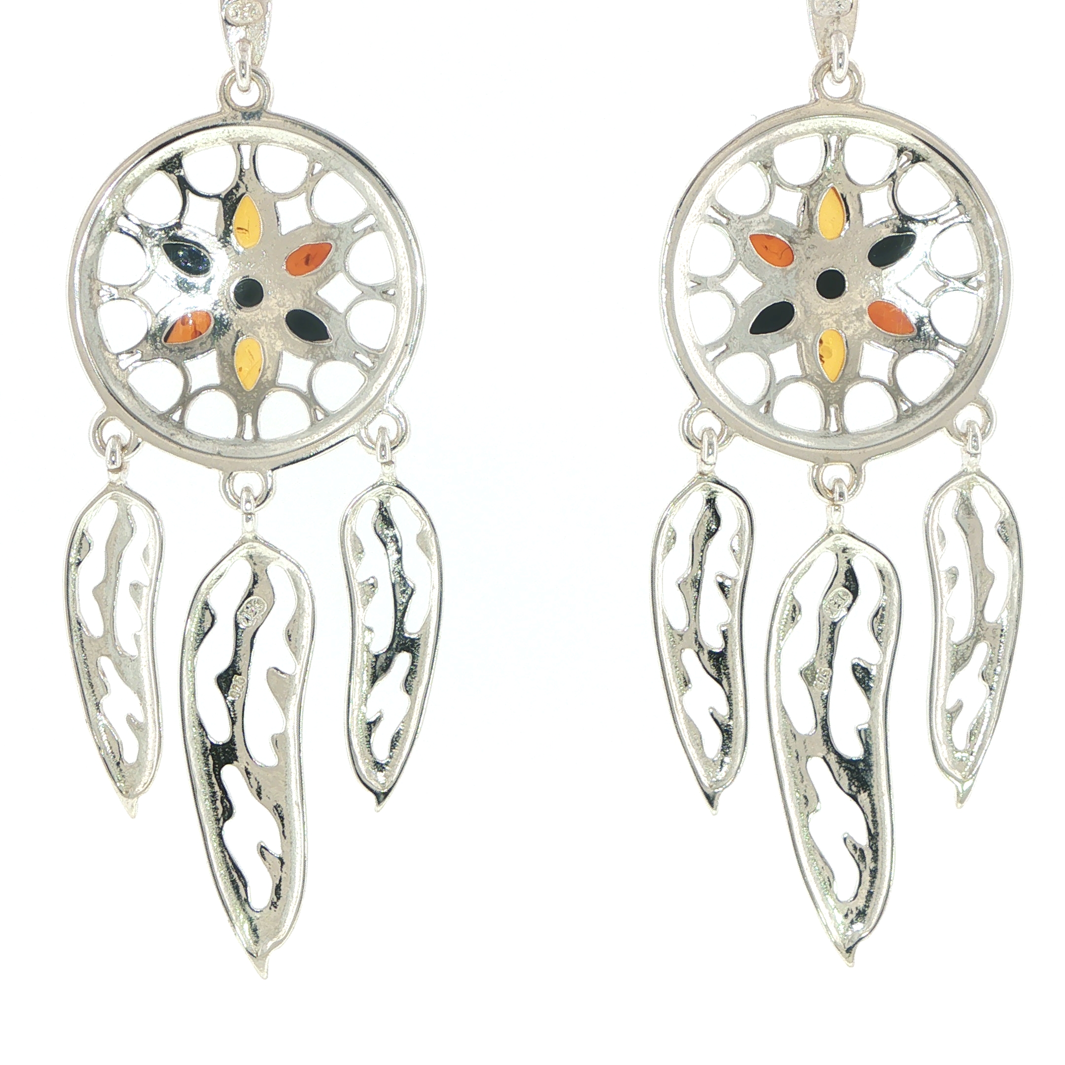 Multi-Colour Amber Dreamcatcher Dangle Earrings in Silver - Image 3