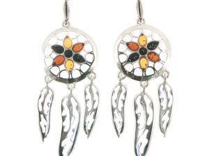 Multi-Colour Amber Dreamcatcher Dangle Earrings in Silver