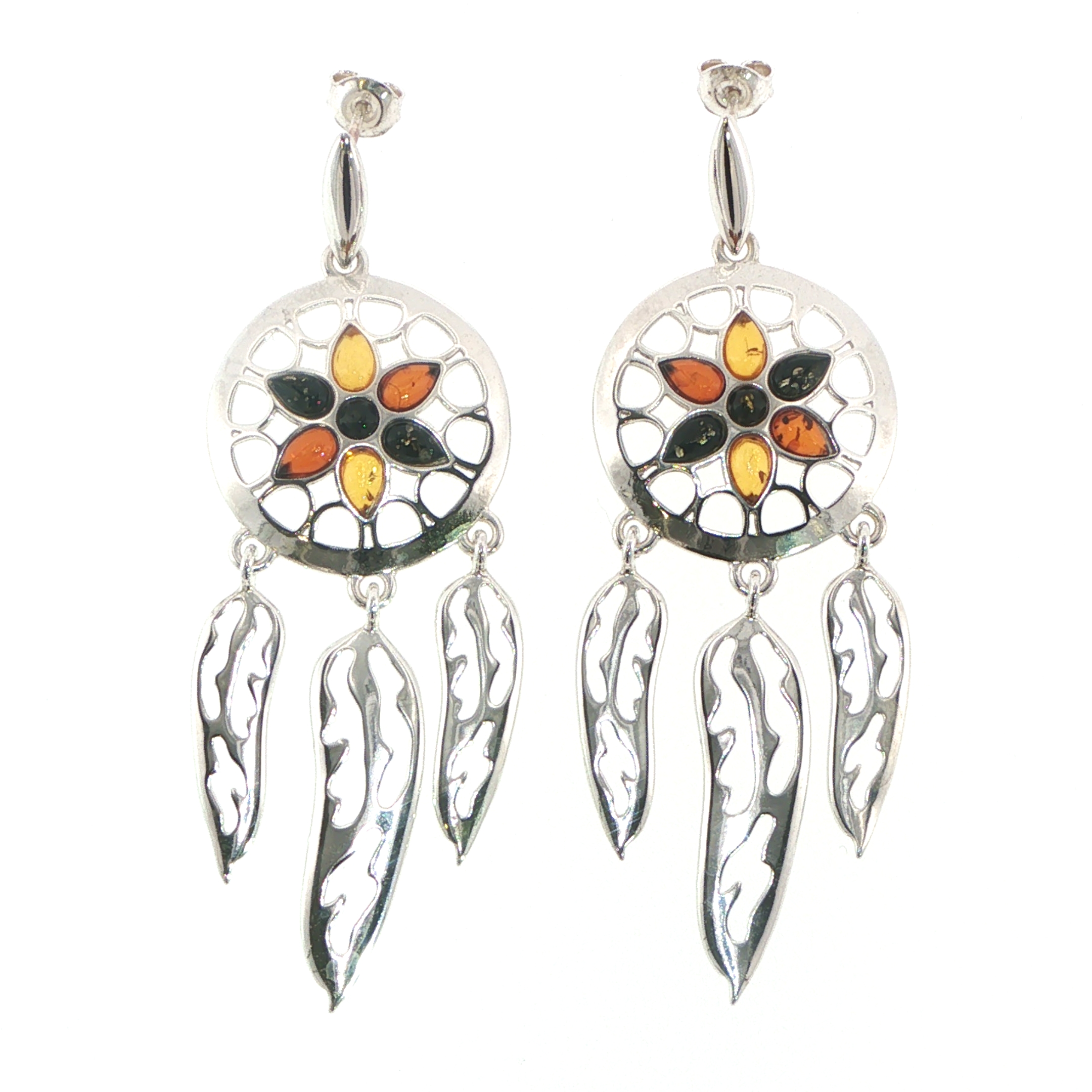 Multi-Colour Amber Dreamcatcher Dangle Earrings in Silver