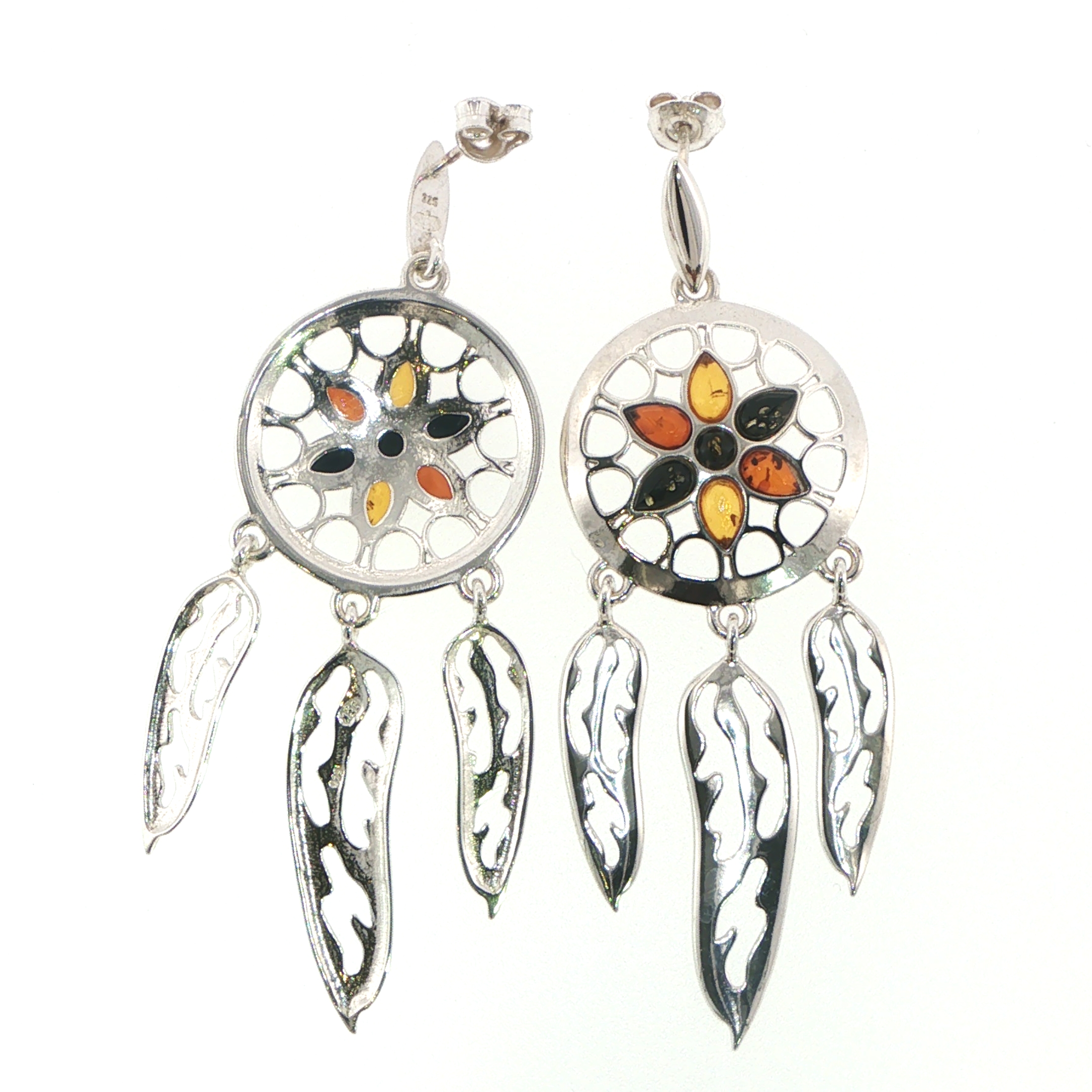 Multi-Colour Amber Dreamcatcher Dangle Earrings in Silver - Image 2