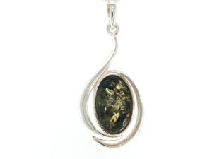 Green Amber Swirl Pendant Necklace in Silver