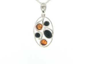Openwork Whitby Jet and Amber Pendant Necklace in Silver