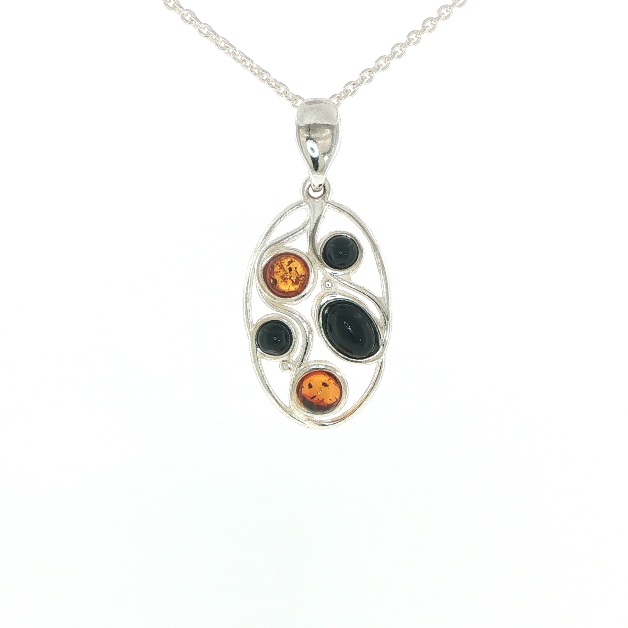 Openwork Whitby Jet and Amber Pendant Necklace in Silver