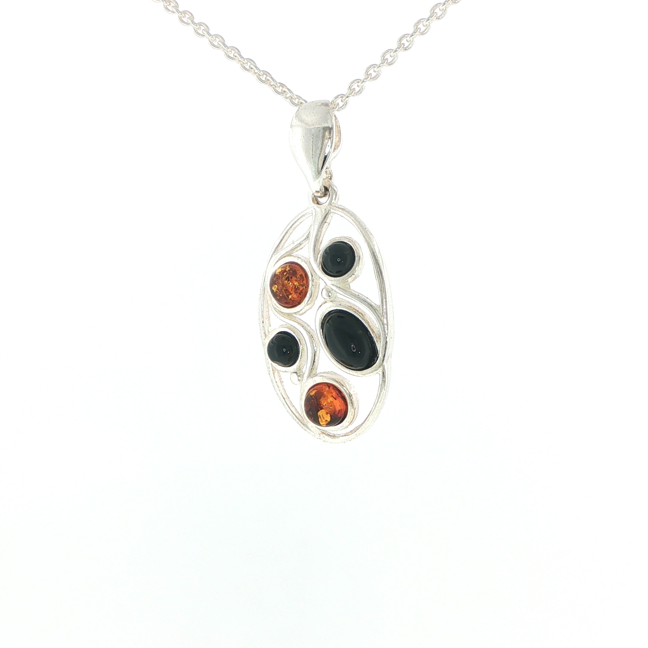 Openwork Whitby Jet and Amber Pendant Necklace in Silver - Image 4