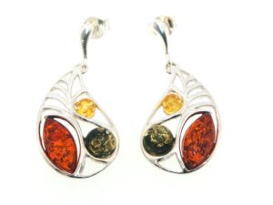 Multi-Colour Amber Leaf Drop Earrings in Silver