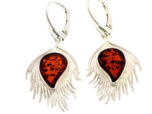 Peacock Feather Drop Earrings with Amber in Silver