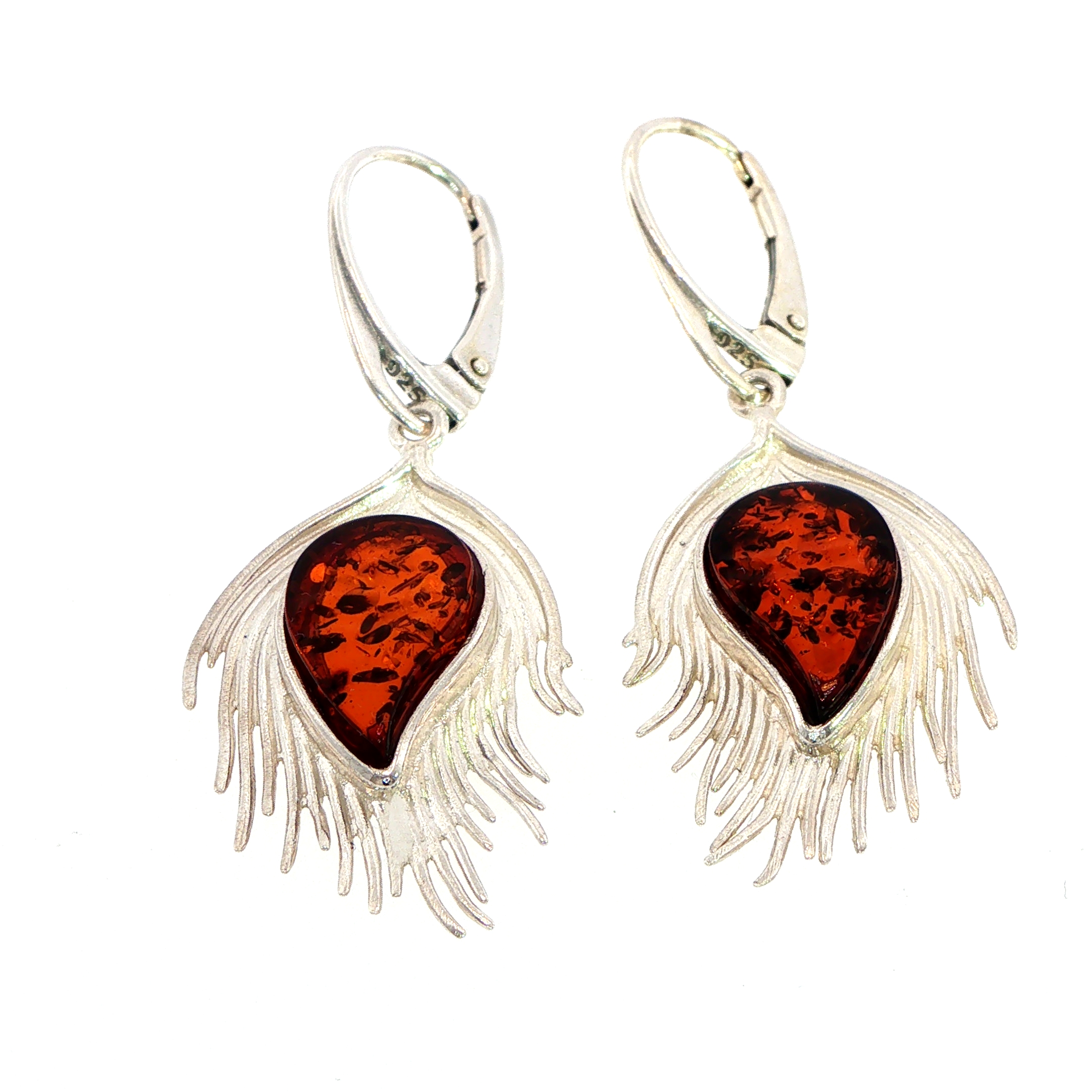 Peacock Feather Drop Earrings with Amber in Silver