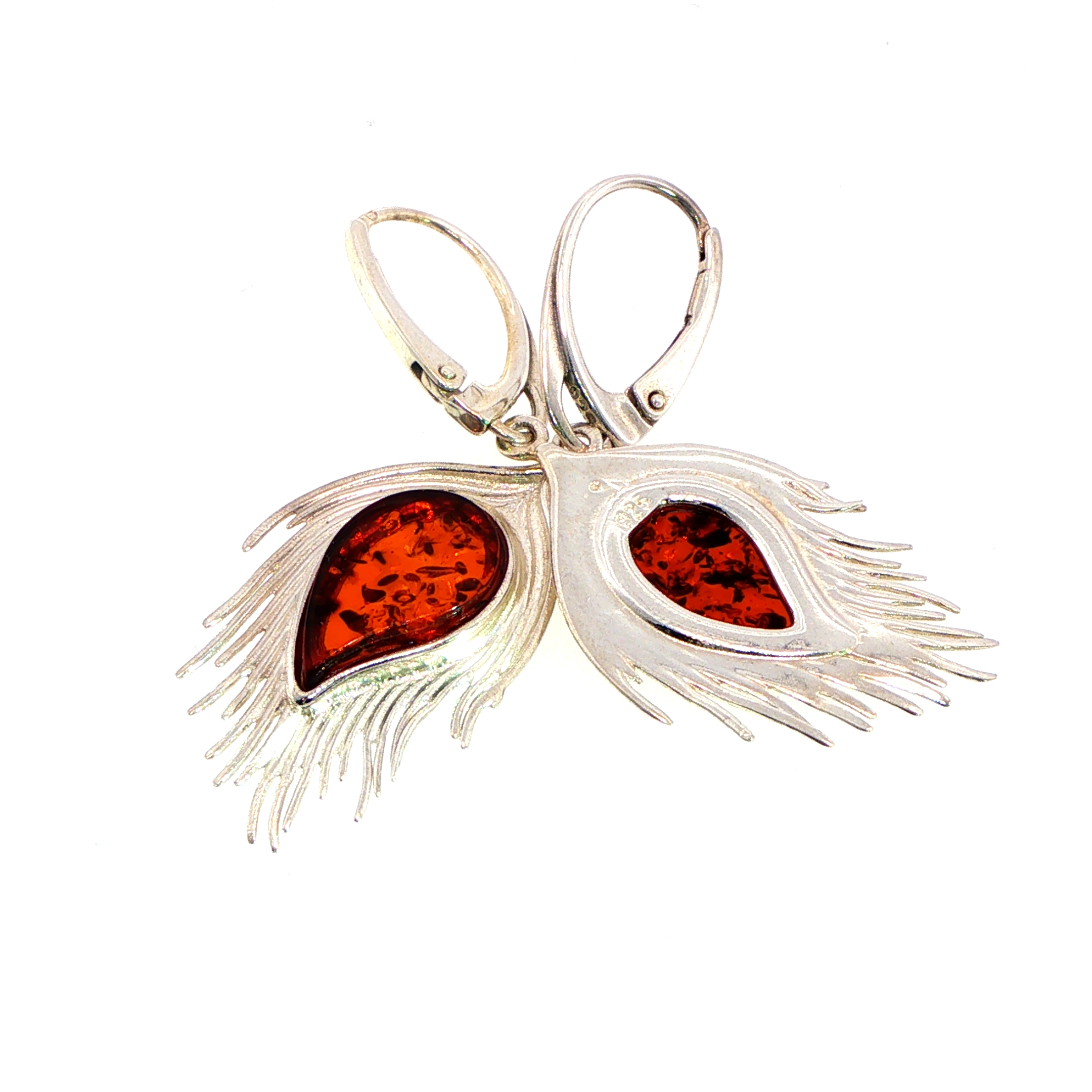 Peacock Feather Drop Earrings with Amber in Silver - Image 3