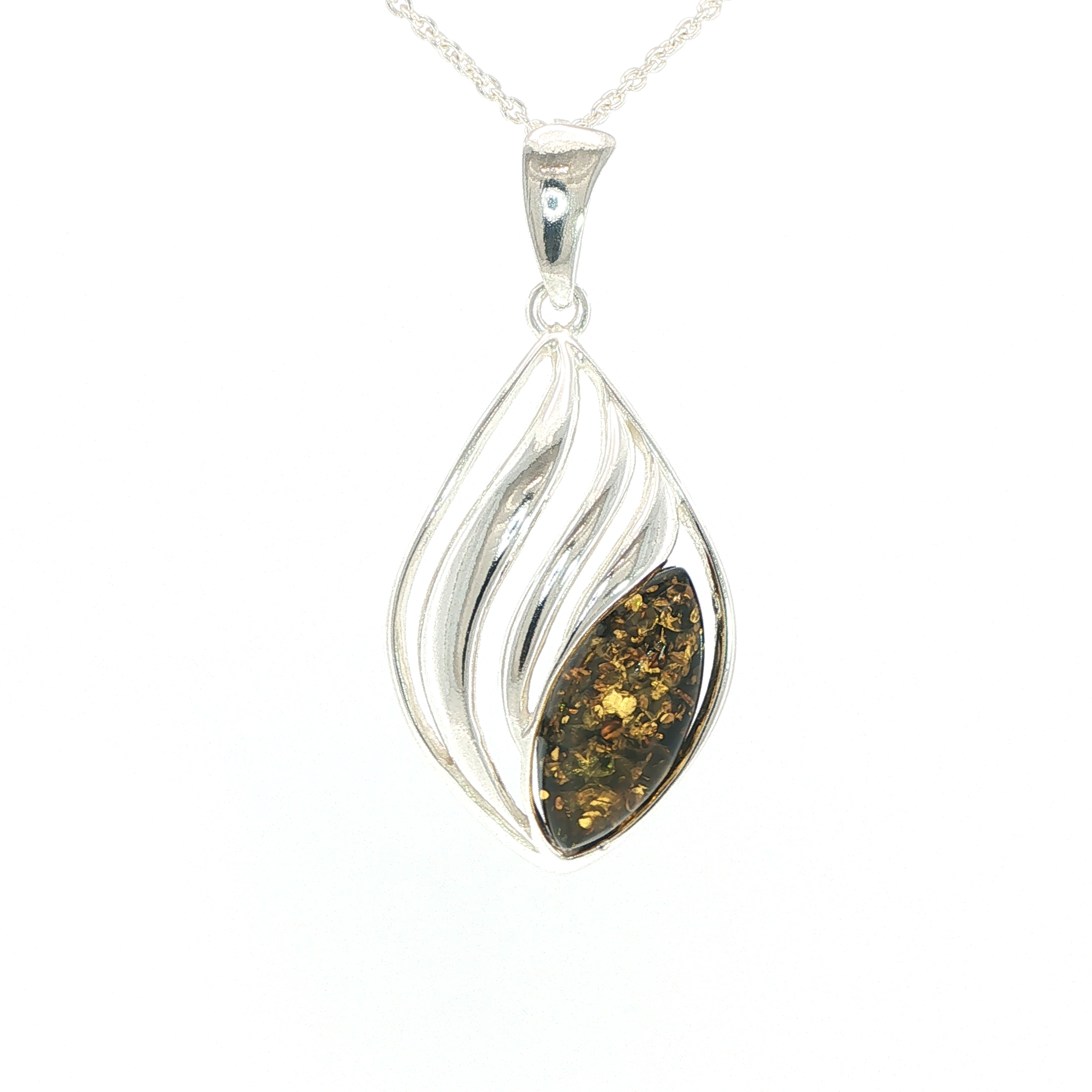 Swirling Openwork Silver Amber Pendant Necklace - Image 2