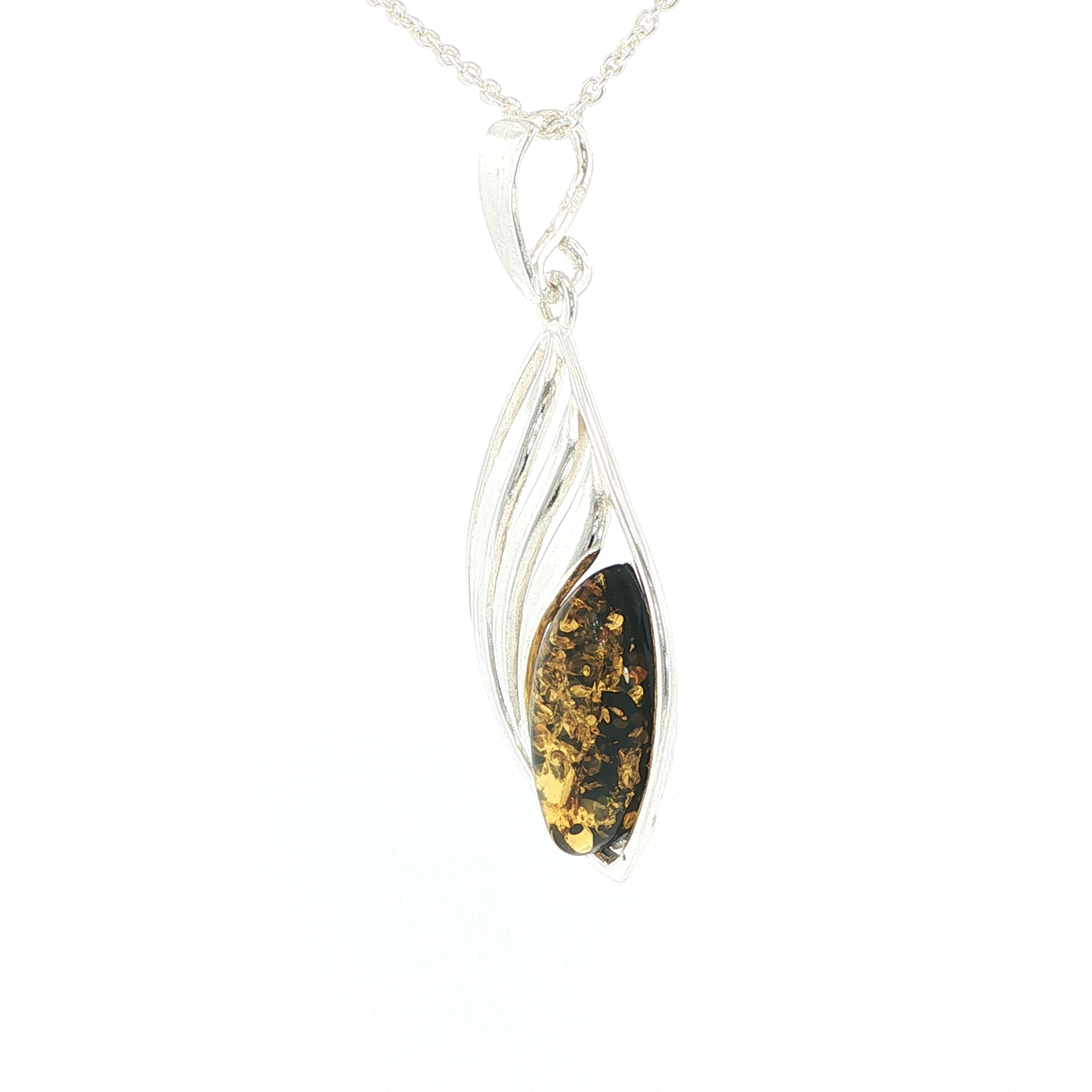 Swirling Openwork Silver Amber Pendant Necklace - Image 4