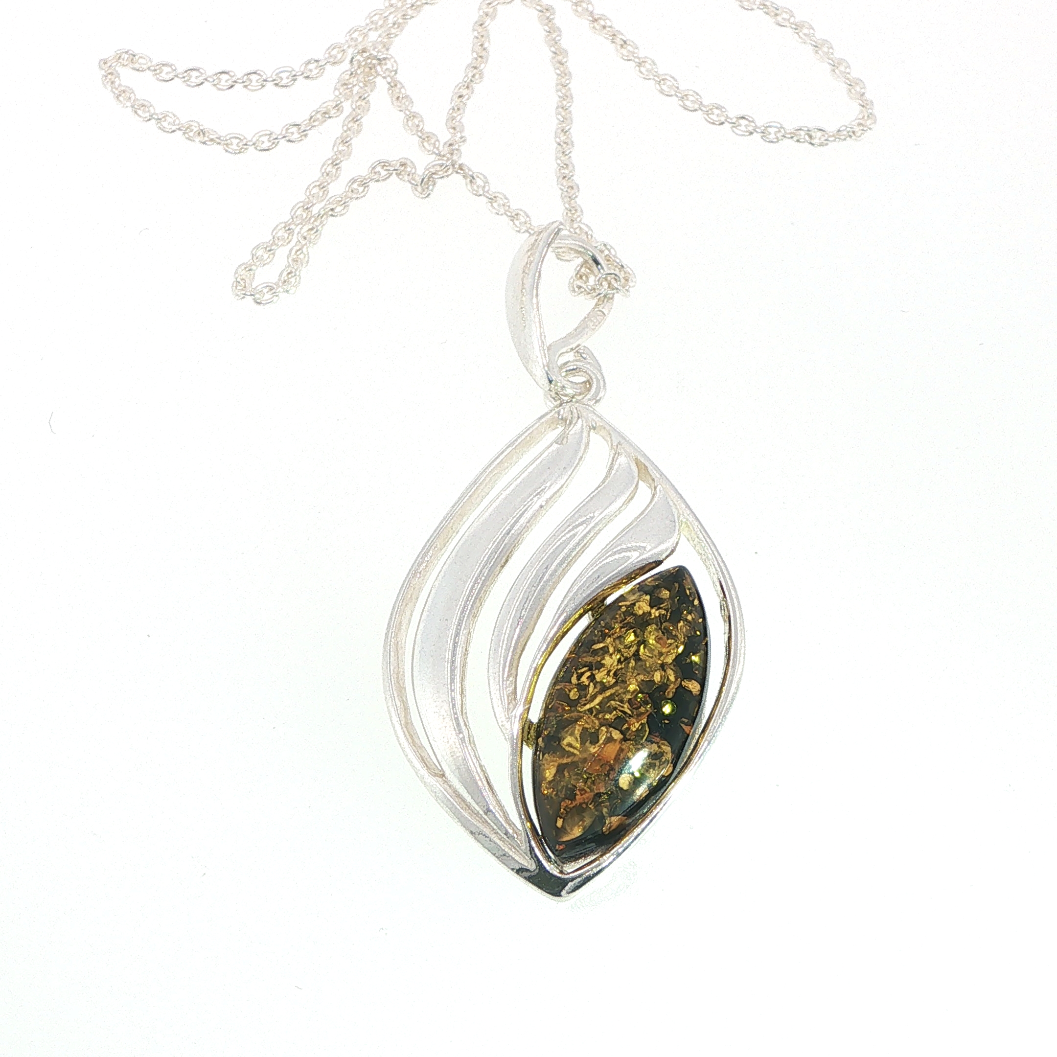 Swirling Openwork Silver Amber Pendant Necklace