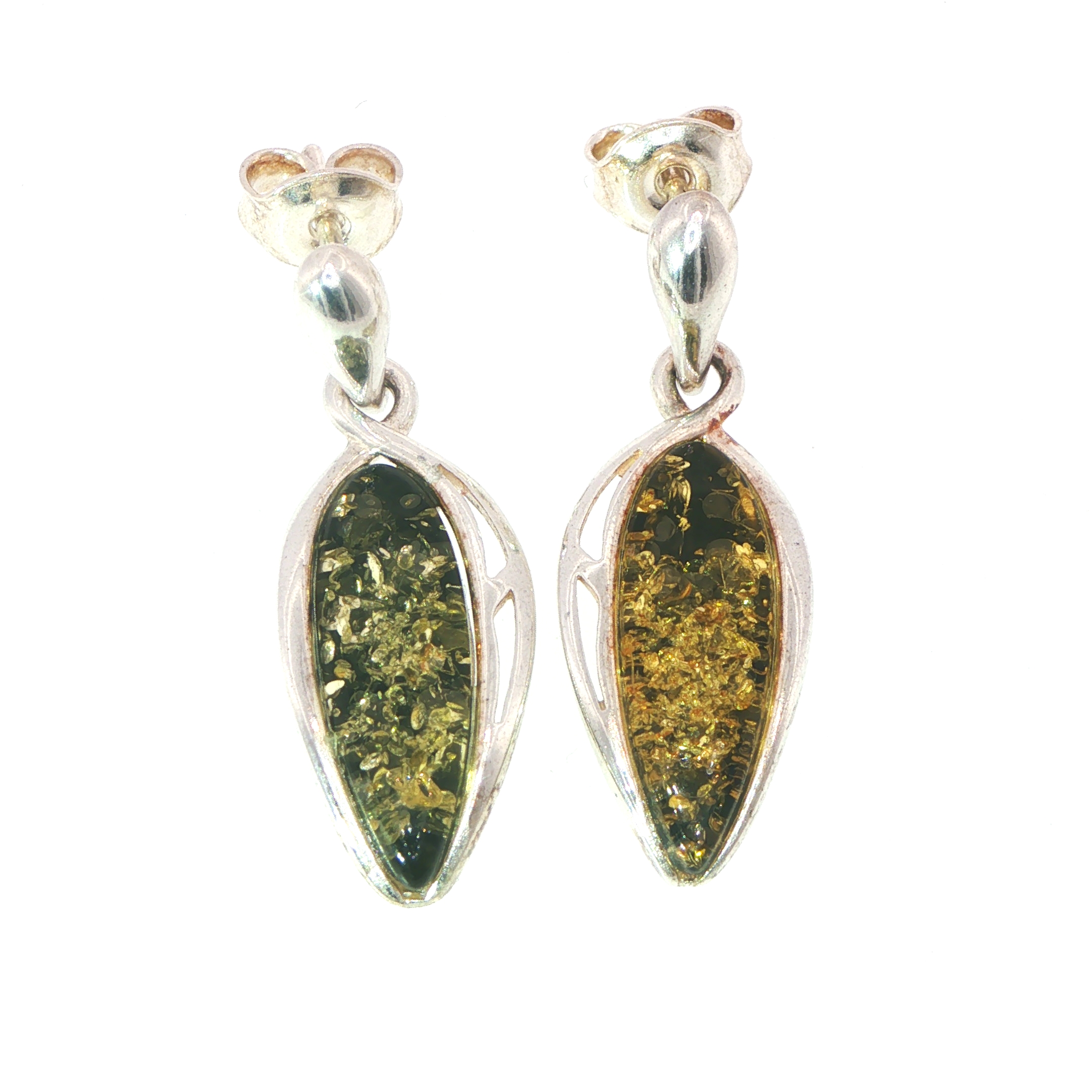 Long Teardrop Green Amber Drop Earrings in Silver