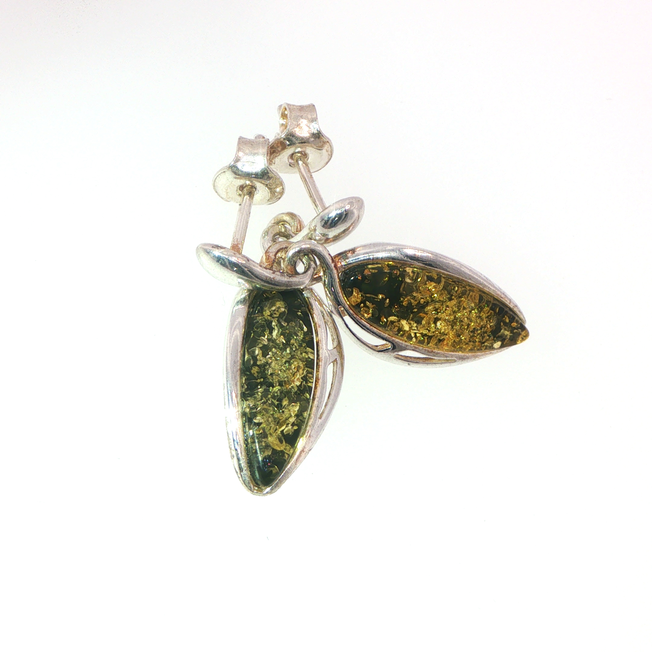 Long Teardrop Green Amber Drop Earrings in Silver - Image 3
