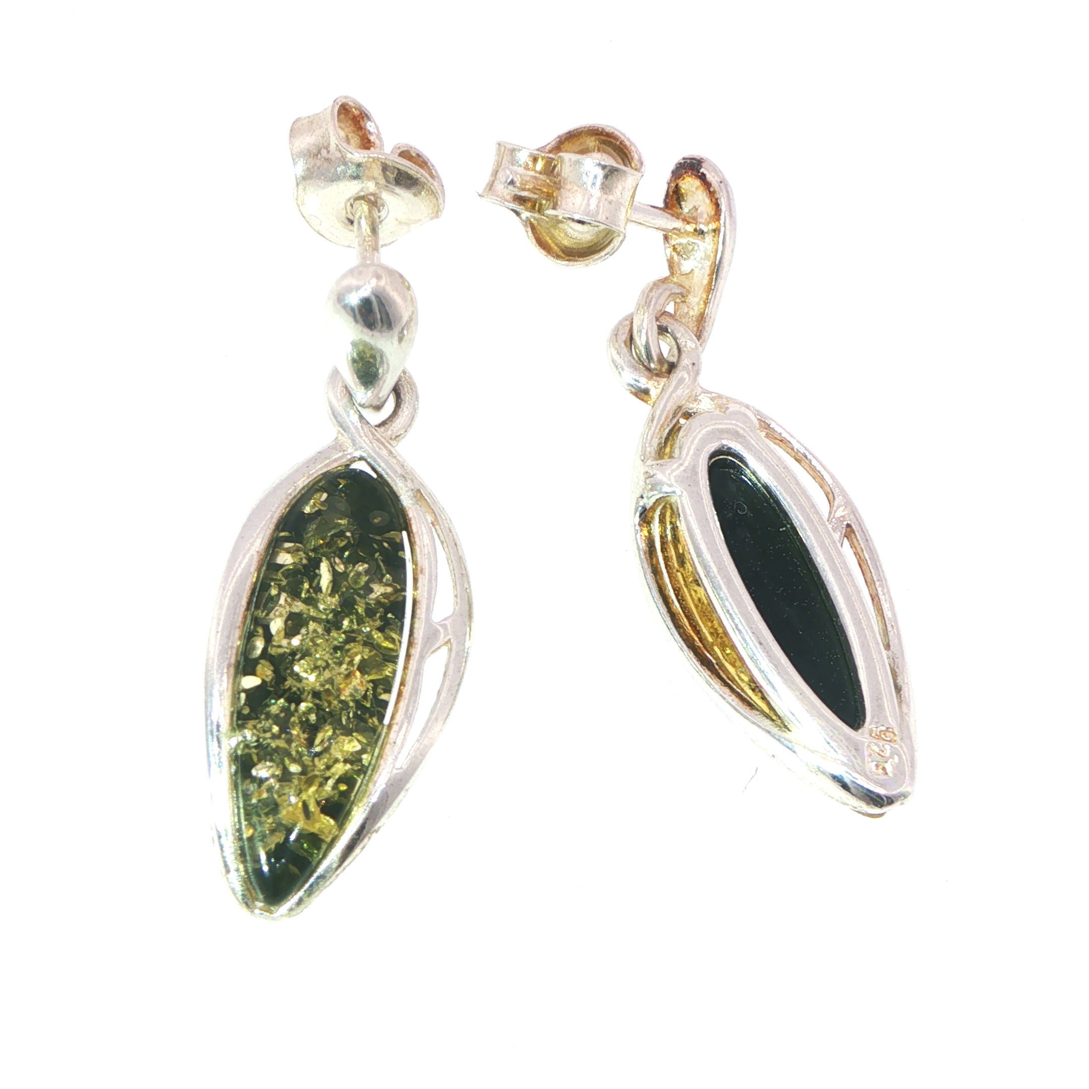 Long Teardrop Green Amber Drop Earrings in Silver - Image 4