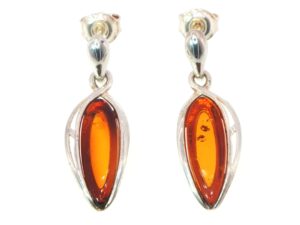 Long Teardrop Amber Drop Earrings in Silver