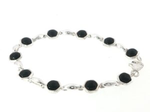 Geometric Hexagon Whitby Jet Hexagon Link Bracelet in Silver